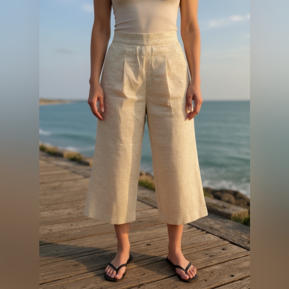 Ella Moss Linen High Rise Wide Leg pant cropped MEDIUM elastic waistband tan